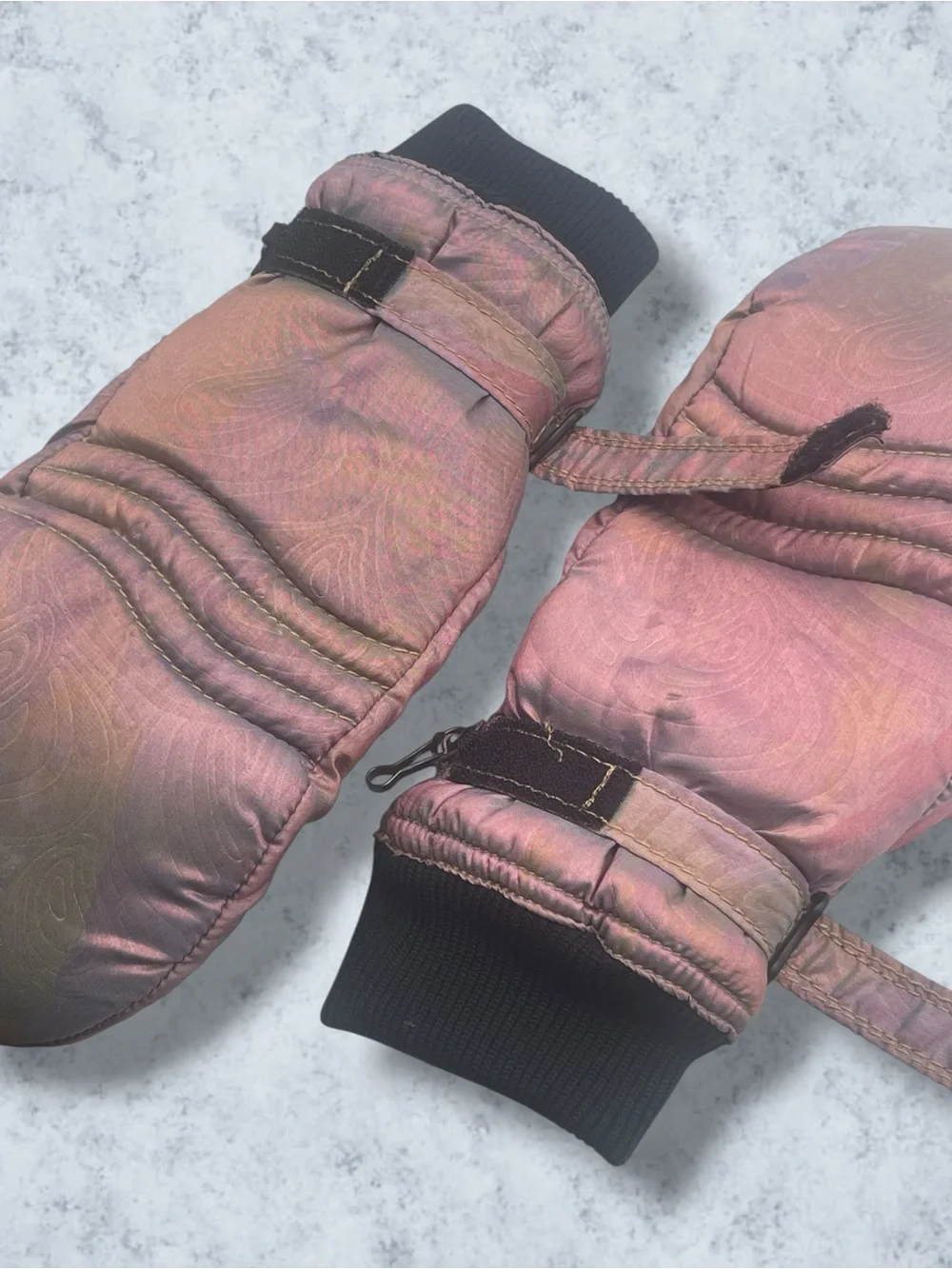 Vintage 90s Obermeyer Iridescent Liquid Satin Ski Mittens Pink Copper Medium